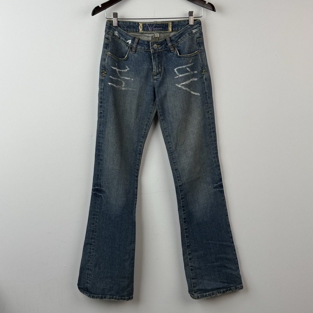 Bebe Bootcut Jeans Womens 28 Blue Flare Denim USA Made Bling Rhinestone Glam Y2K
